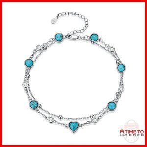 925 Sterling Silver Adjustable Anklet with Real Turquoise Gemstones
